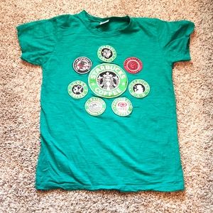 Mkey Teal Starbucks Shirt. LOGOs of Asian Coffee Houses. SIZE Small. Damage.